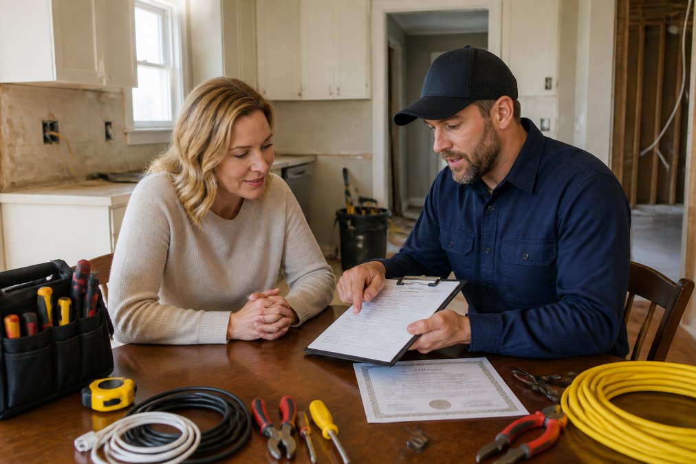 A homeowner and an electrician reviewing a clipboard with credentials and a license document at a kitchen table, with a partially renovated room visible in the background