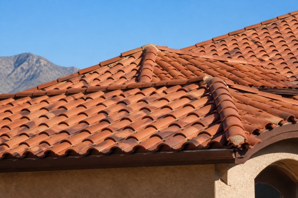 Close-up of terracotta clay roof tiles on a residential home roof under bright desert sunlight, showing the natural red color and curved barrel tile profile