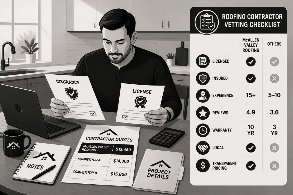 Homeowner sitting at kitchen table reviewing roofing contractor credentials, insurance documents, and quotes with a laptop and paperwork spread across the surface in natural afternoon light