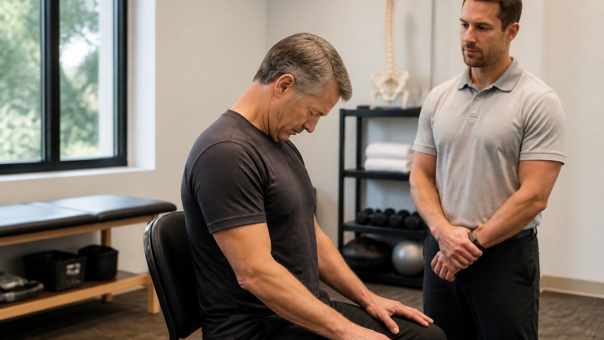 A middle-aged adult sitting upright in a chair at home, gently tucking their chin toward their chest in a cervical retraction exercise, with a physical therapist observing posture nearby in a bright clinical setting
