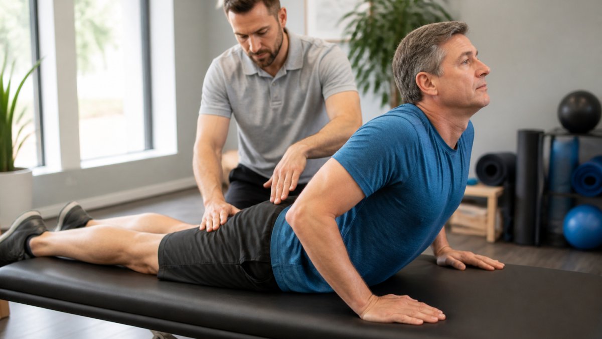 Physical therapist guiding a patient through McKenzie Method prone extension exercises for sciatica relief