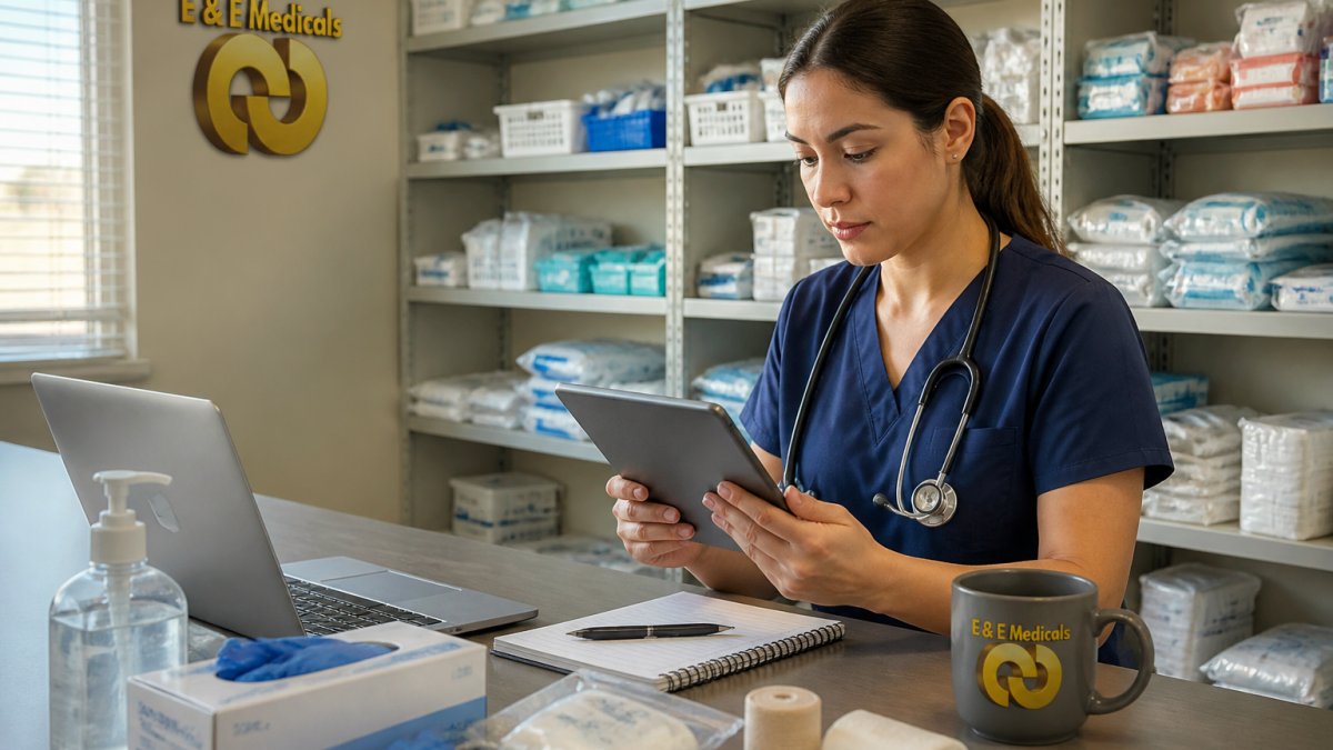 Healthcare professional checking inventory on a tablet as a McKesson alternative for medical supplies