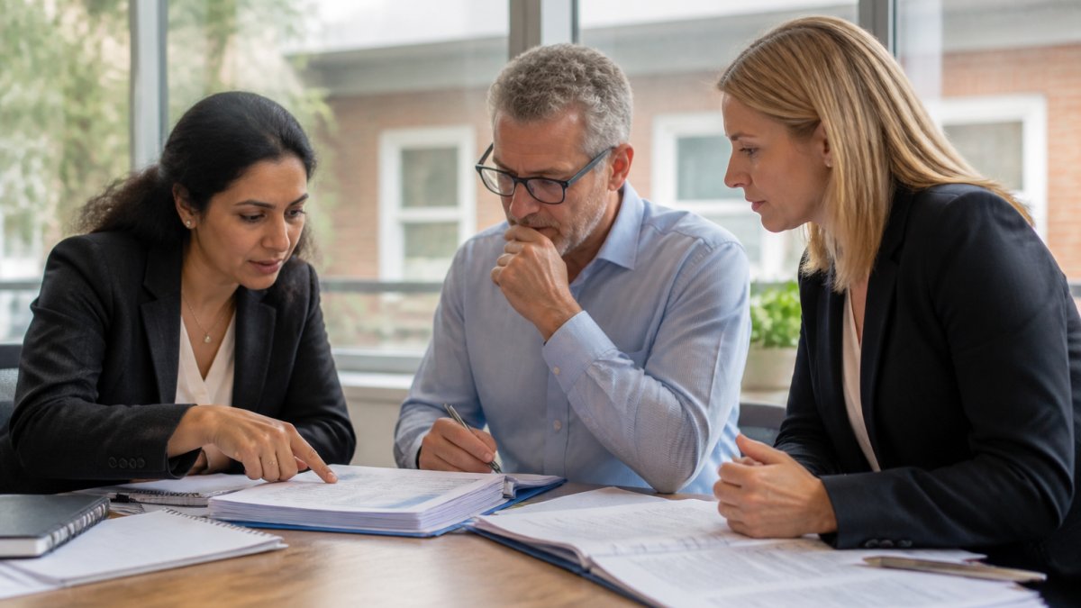 Professional regulatory affairs team reviewing FDA submission documents and strategy notes in a collaborative meeting room with natural lighting