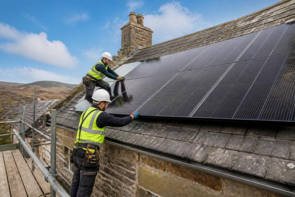 Two solar installation engineers in hi-vis vests fitting monocrystalline solar panels onto the pitched roof of a traditional Scottish stone house on a bright day