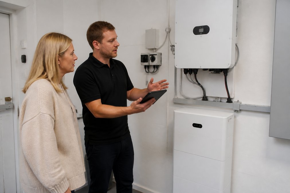 A homeowner and a solar technician standing indoors beside a wall-mounted battery storage unit and inverter, reviewing performance data on a tablet screen in a well-lit utility room