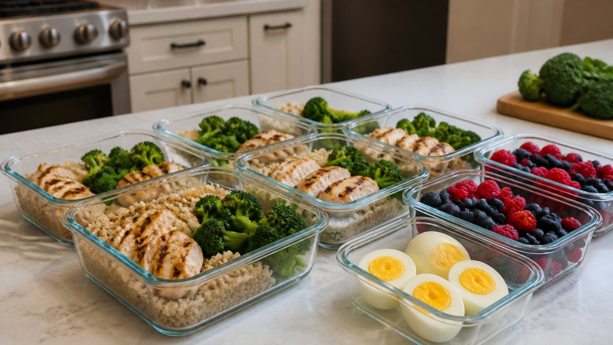 Containers of grilled chicken, broccoli, and quinoa arranged for meal prep on a kitchen counter