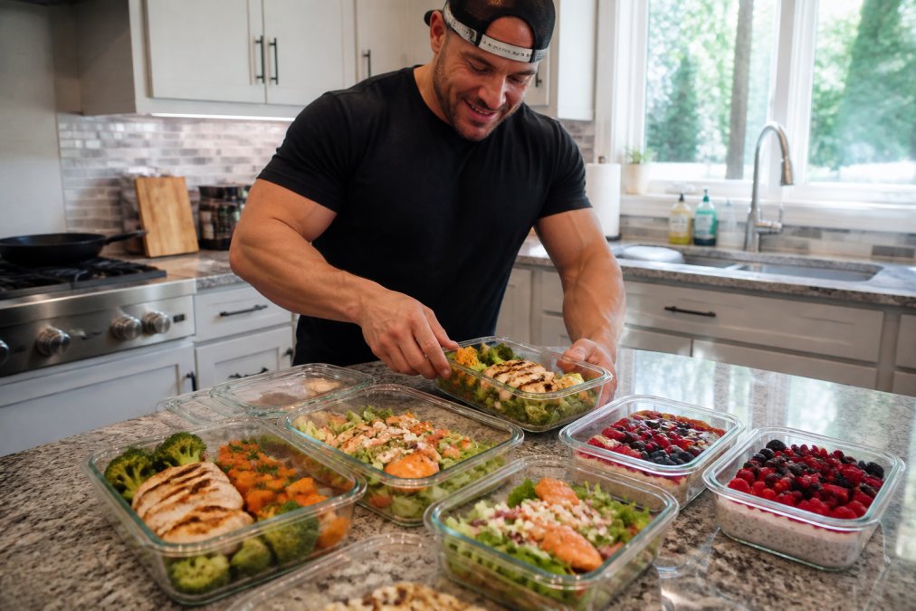 A spread of glass meal prep containers on a kitchen counter, each filled with a different high-protein meal: grilled chicken with roasted vegetables, a colorful salmon salad, and Greek yogurt with berries, bright natural lighting, organized and clean