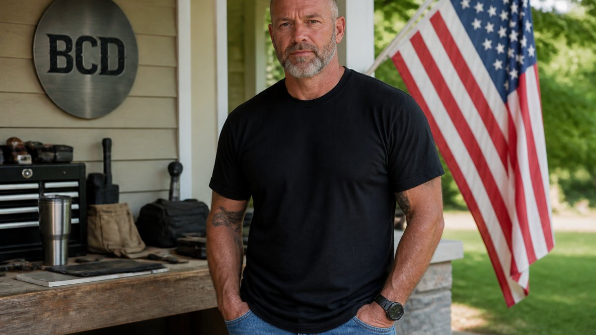 A middle-aged man wearing a plain black graphic t-shirt standing outdoors near an American flag on a porch, calm and direct expression, natural daylight