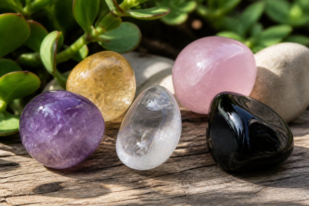 Close-up of polished amethyst, citrine, clear quartz, rose quartz, and black obsidian crystals arranged together on a natural surface, showing their distinct colors and textures