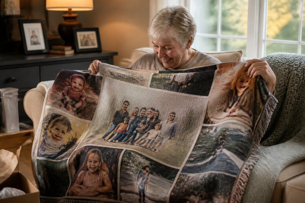 Older woman smiling while holding a woven blanket with family photos, sitting in a cozy living room with natural window light