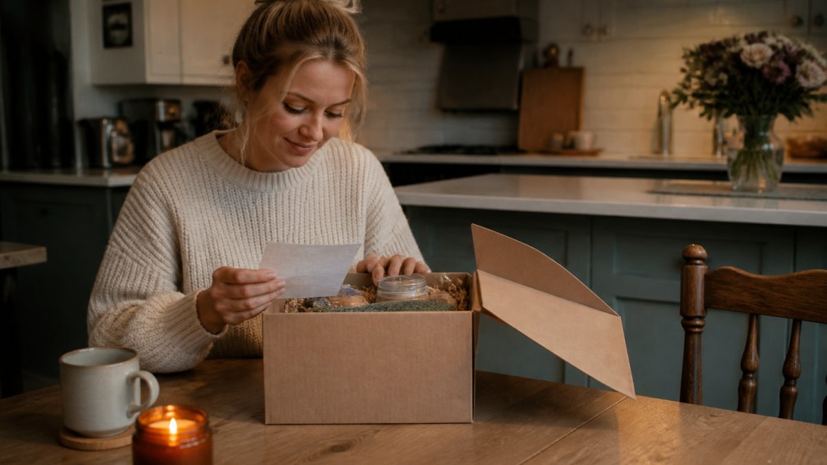 A person sitting at a kitchen table opening a thoughtfully packed gift box, lifting out a handwritten note, with a warm mug and candle visible beside the box