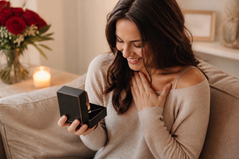 Woman opening a gift box containing personalized jewelry, smiling with genuine emotion, warm lighting in a cozy home setting