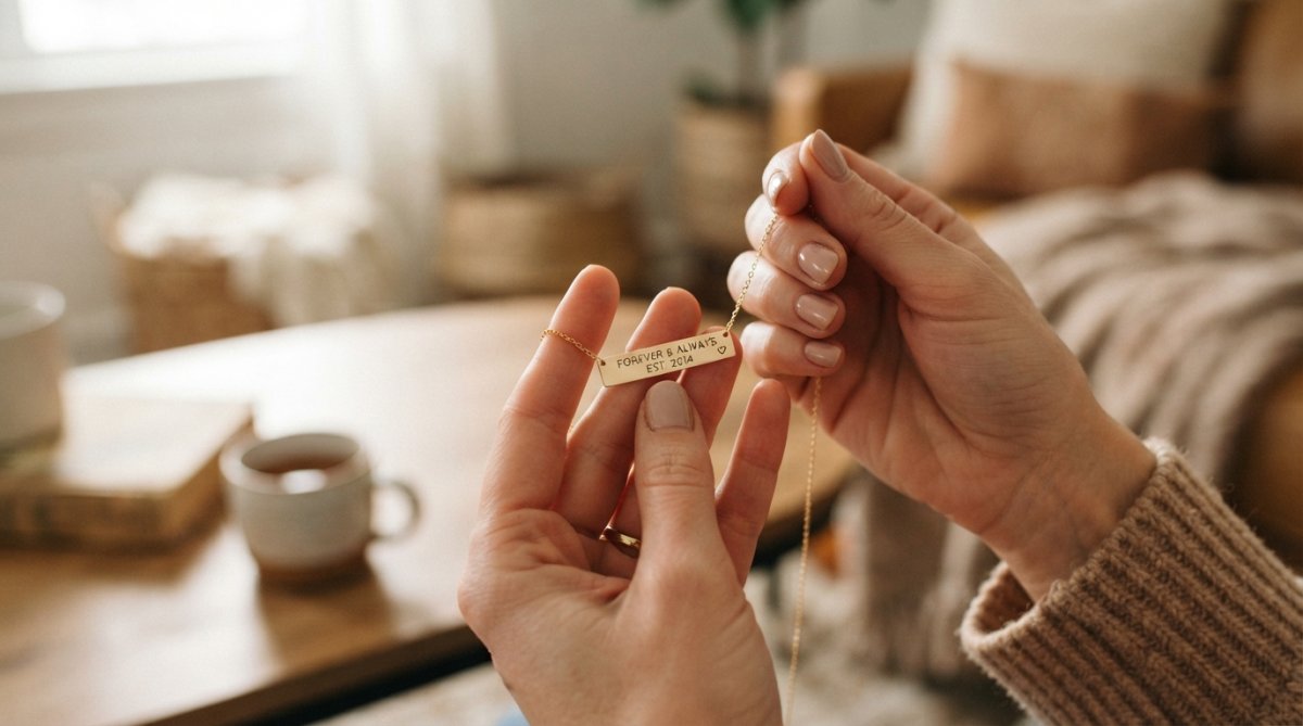 A woman's hands gently holding a delicate personalized bar necklace with an engraved message, soft natural light, warm and intimate atmosphere