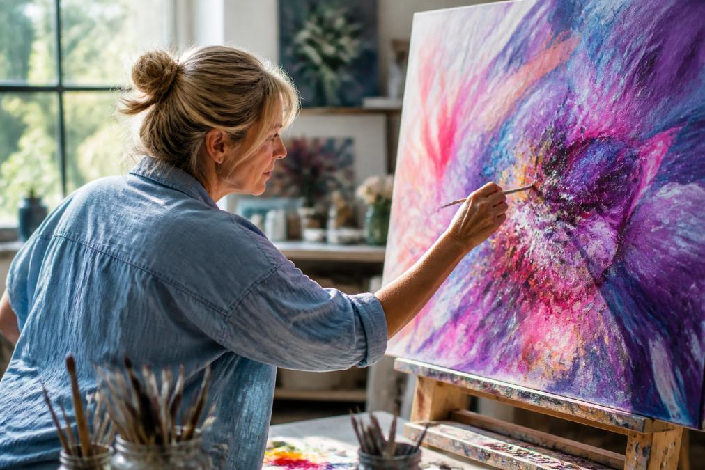 Person engaged in painting with vibrant colors on canvas in a bright, naturally-lit studio space, showing focused creative expression and peaceful concentration