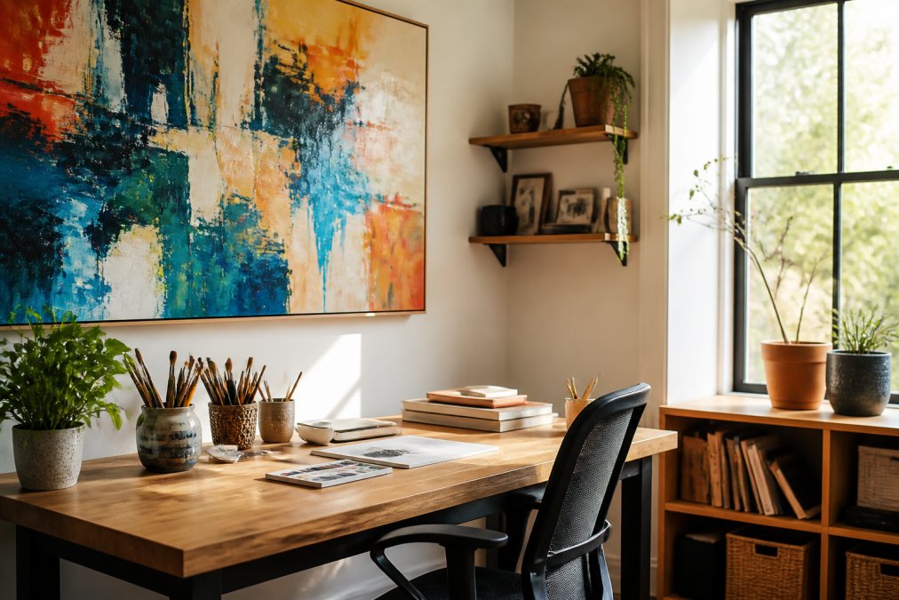 A bright, modern home office with a large abstract painting on the wall, a wooden desk with art supplies, and natural light coming through a window