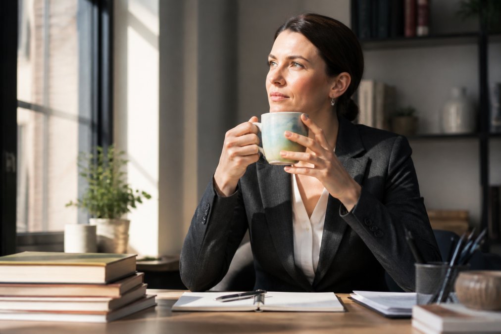 Professional woman at her desk holding an inspirational ceramic mug with watercolor artwork, natural sunlight streaming through office window, thoughtful expression as she pauses during work