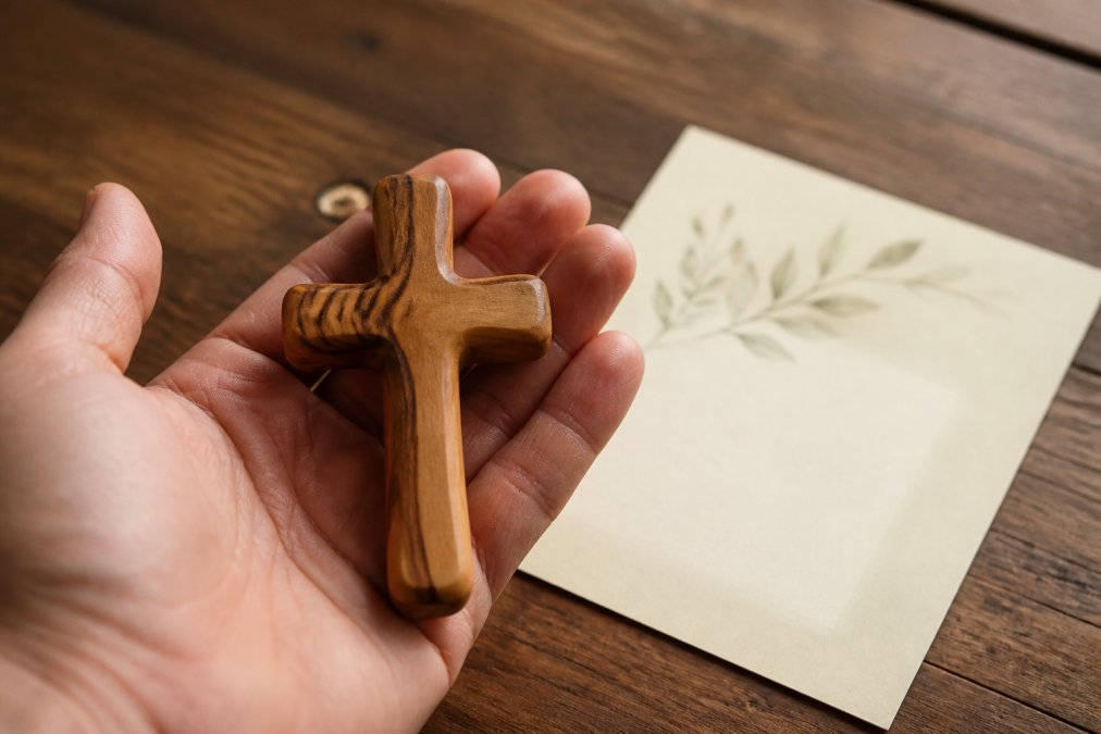 Close-up of a small olive wood cross held in an open palm, with a soft scripture card resting beneath it on a wooden table, warm natural light