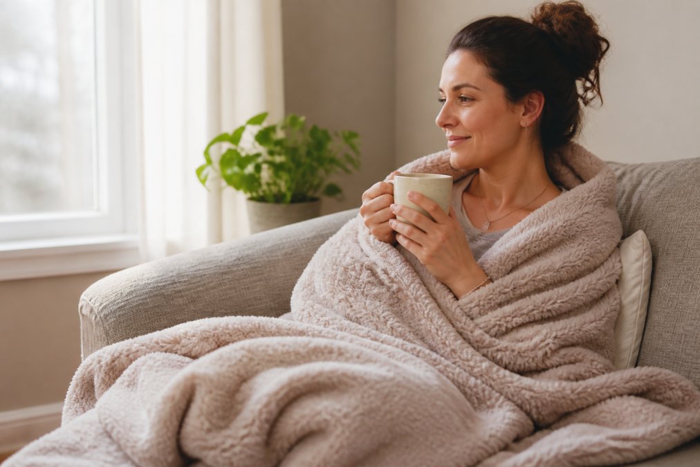 A busy mom relaxing on a couch wrapped in a soft, cozy fleece blanket, holding a warm beverage in a comfortable mug, with soft natural lighting from a nearby window and peaceful home setting with minimal clutter