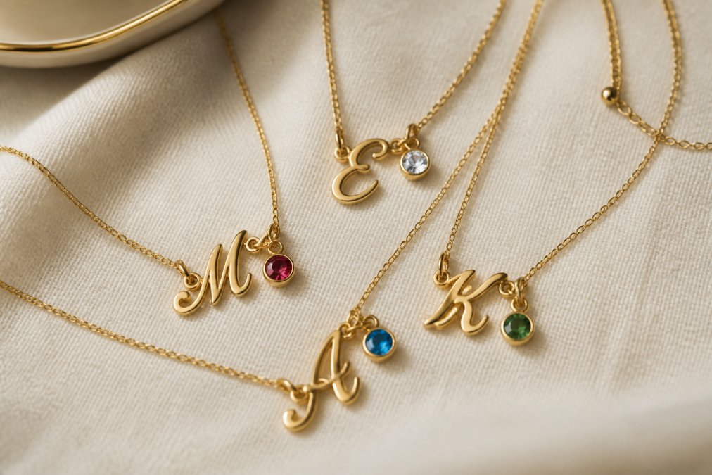 Close-up of delicate personalized jewelry pieces with engraved initials and birthstones displayed on a soft neutral surface, highlighting the craftsmanship and detail of each piece in natural lighting