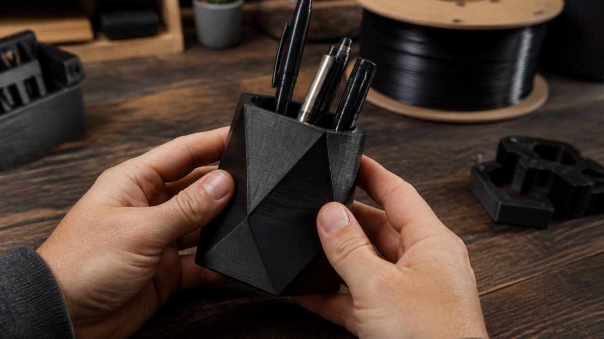 Close-up of hands holding a small custom 3D printed desk accessory on a wooden workbench, with a laptop and spool of filament softly blurred in the background
