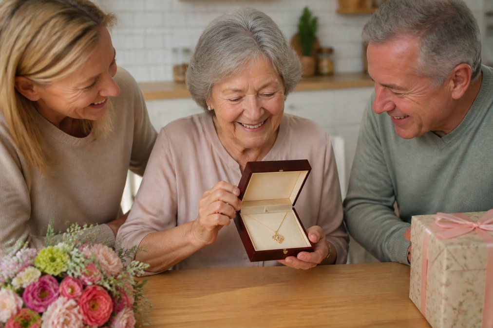 A woman in her sixties smiling as she opens a mahogany-style gift box containing a delicate gold necklace, sitting at a bright kitchen table with family nearby