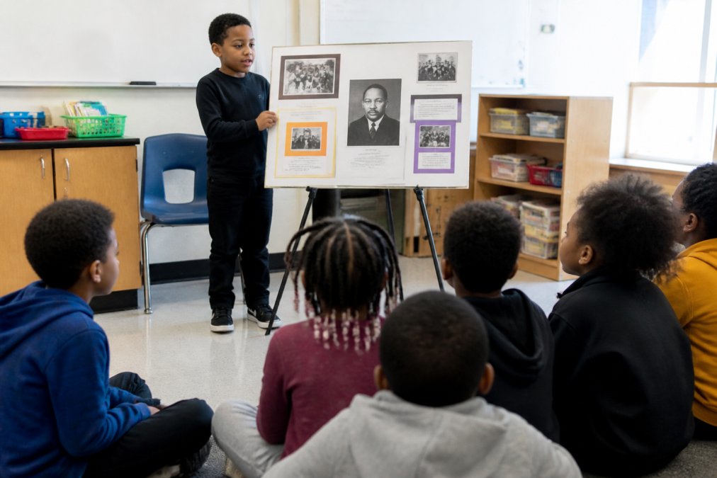 Elementary students presenting a poster board project about a Black historical figure in a bright classroom, with classmates listening attentively