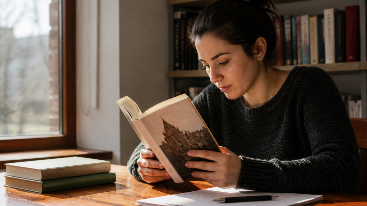 A young woman sitting at a wooden desk by a window, reading a Spanish-language paperback with a notebook and pen beside her, warm afternoon light across the pages