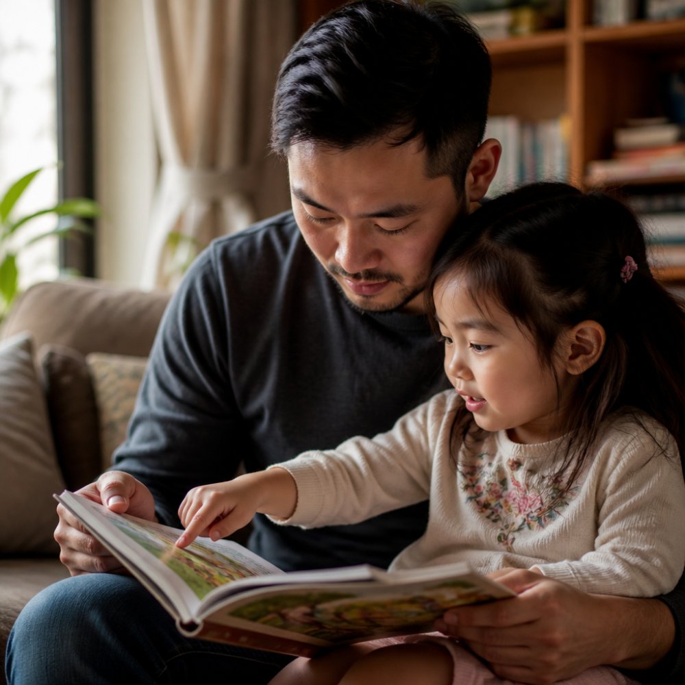 Parent and young child reading a picture book together on a cozy couch with warm natural lighting, the child pointing at colorful illustrations with engaged expression