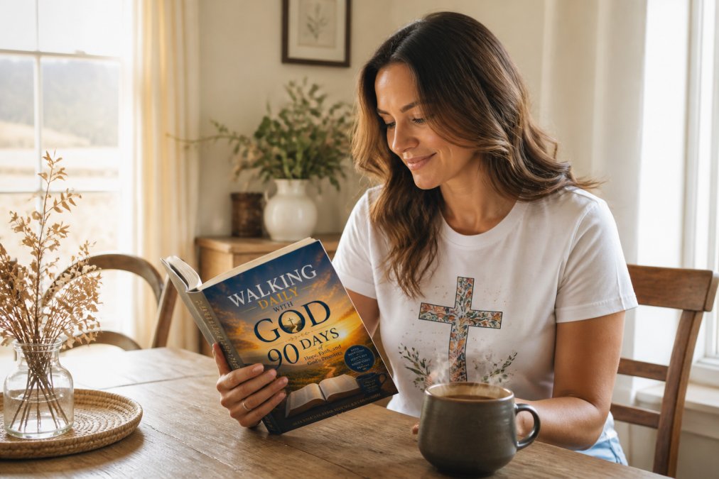 A smiling woman wearing a faith-based graphic tee with a cross design, holding an open Bible with one hand, seated at a sunlit wooden farmhouse table with a steaming cup of coffee beside her