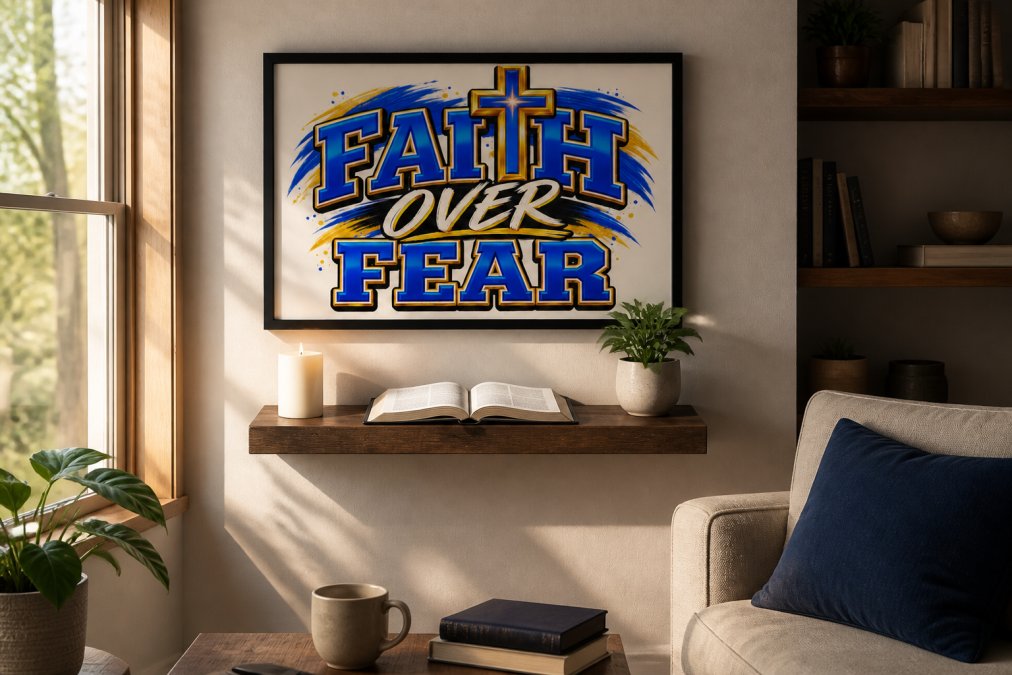 A cozy living room wall displaying a framed 'Faith Over Fear' Christian wall art piece with bold blue and gold typography, hung above a small wooden shelf holding a white candle and an open Bible with soft afternoon light coming through a nearby window