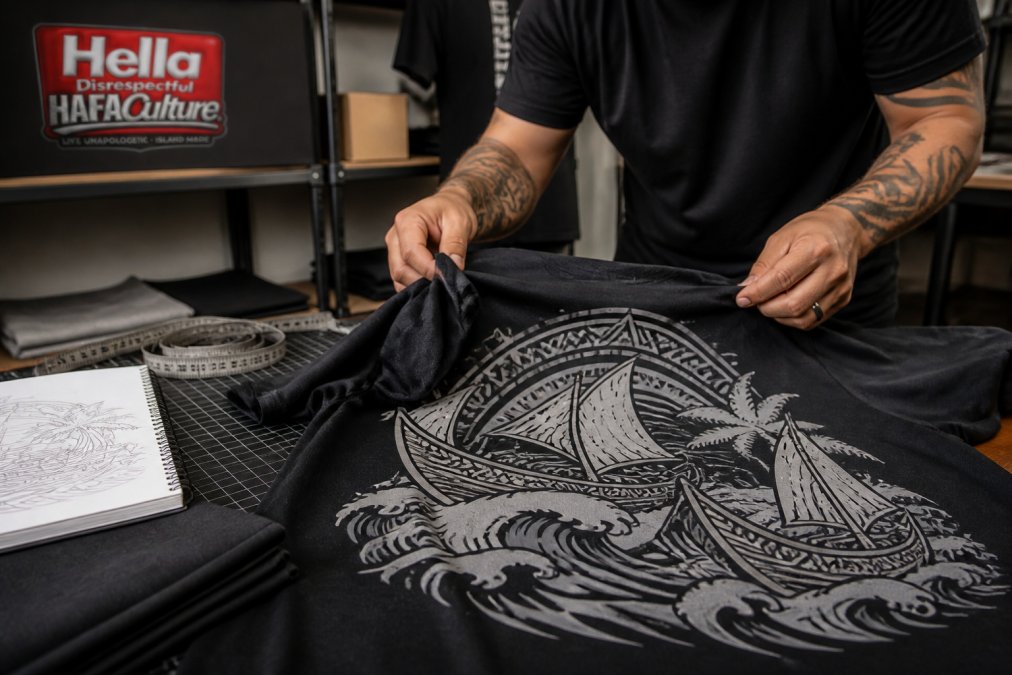 Hands examining the fabric texture of a cultural clothing design featuring a traditional voyaging canoe graphic.