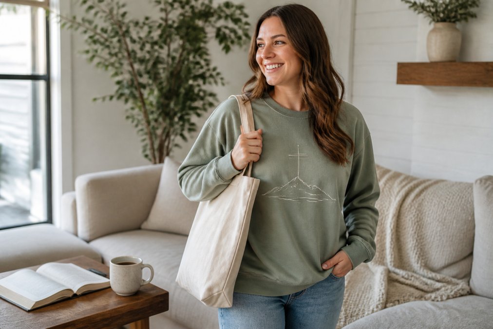 A woman in her thirties wearing a faith-themed graphic sweatshirt, smiling while holding a canvas tote bag, standing in a bright living room with a Bible and coffee mug on a nearby table