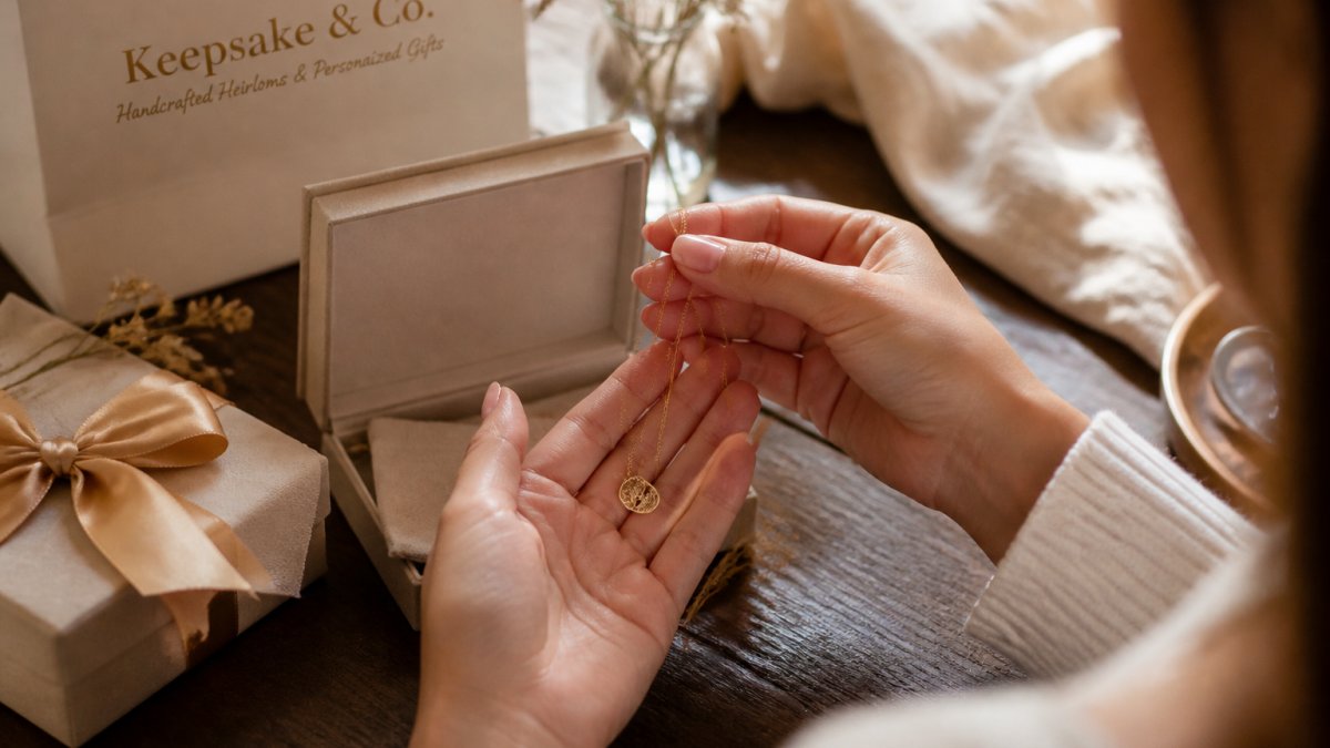 Close-up of a woman's hands holding a delicate gold necklace with a small pendant, soft natural light, warm and intimate mood