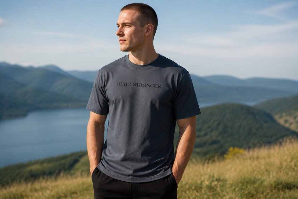 Person wearing a Built Stronger tee in Slate, standing confidently outdoors in natural morning light, showing the garment fit and graphic detail clearly visible on the chest