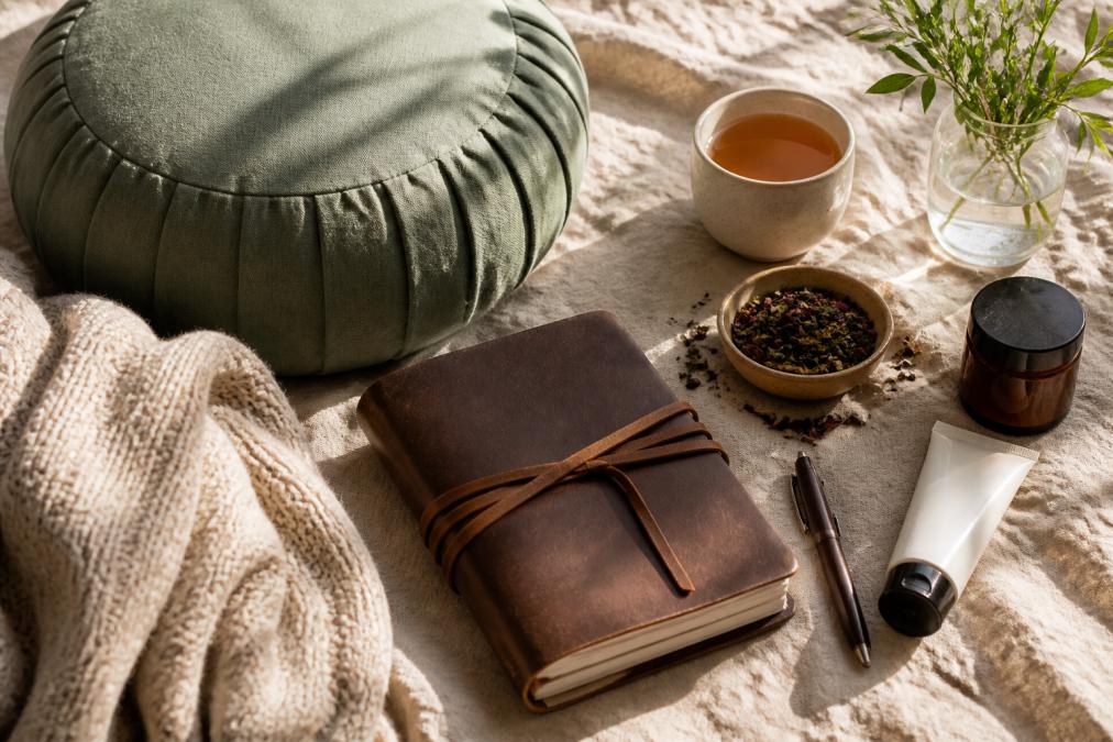 Flat lay arrangement of recovery-focused items including a leather journal, meditation cushion, loose-leaf tea, and hand cream on a soft neutral linen background with warm natural window lighting