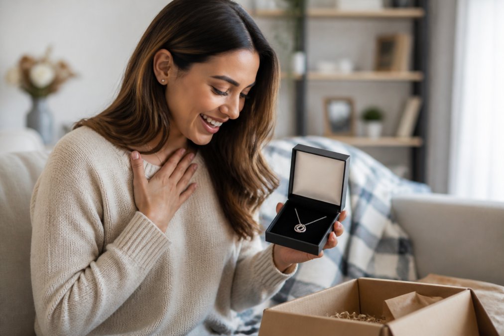 Adult daughter carefully opening a personalized gift box, revealing a custom engraved necklace inside, her face lighting up with genuine joy and emotion in warm natural lighting