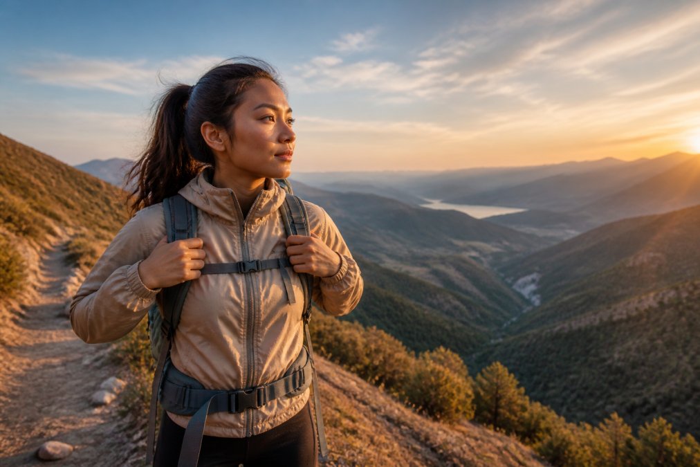 A woman in outdoor gear standing on a mountain trail at sunrise, adjusting her backpack straps with a valley landscape stretching behind her