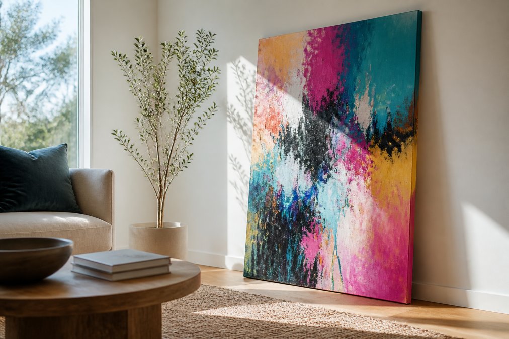 A beautifully wrapped original abstract canvas painting leaning against a white wall in a bright, modern living room, with soft natural light highlighting the vibrant colors of the artwork