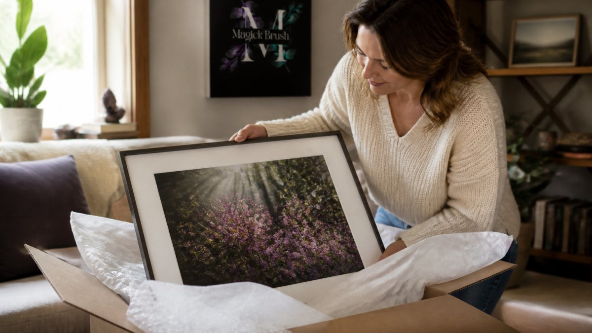 A person carefully unwrapping a framed nature photograph in a bright, sunlit living room.