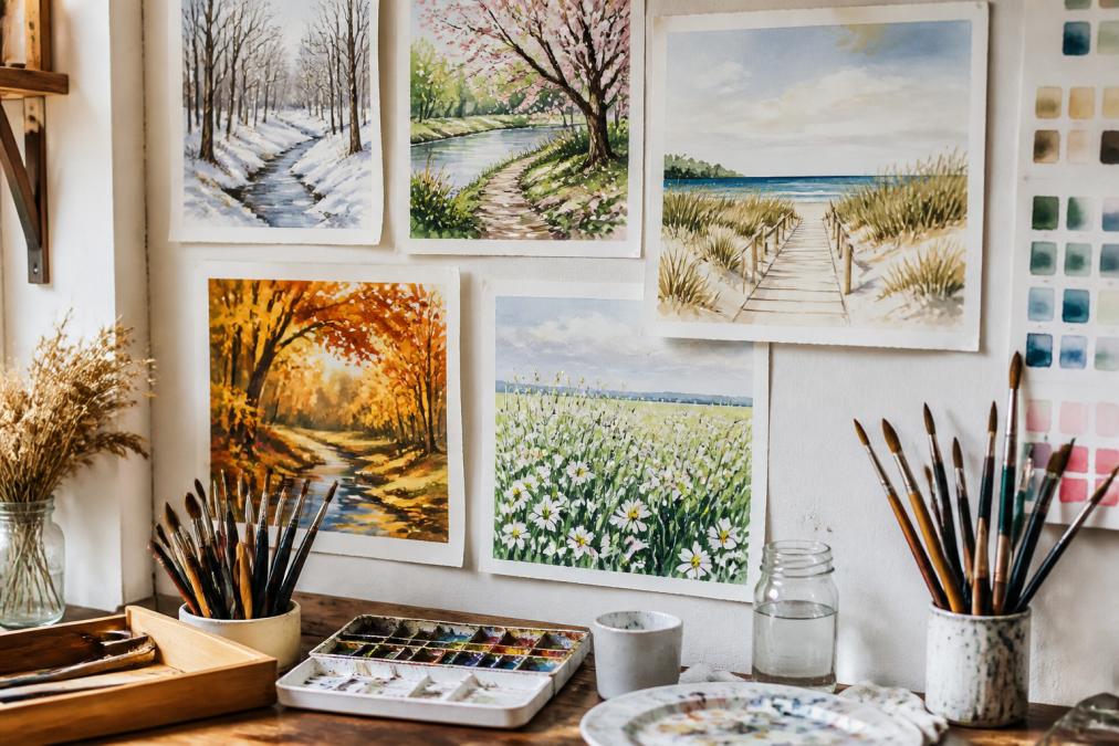 Close-up of vibrant watercolor paintings displayed on a bright studio wall, showing seasonal artwork with brushes and paint supplies arranged on a wooden table below