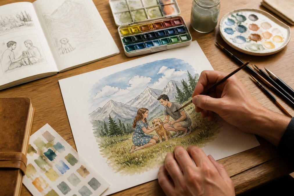 Artist's hands creating a custom hand-painted illustration at a wooden desk, with open sketchbooks, watercolor palettes, and fine-tip brushes visible in natural studio lighting