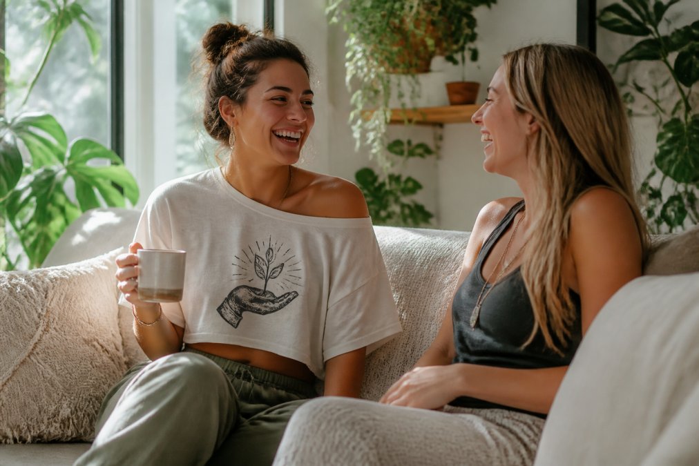 Two women laughing together on a sunlit couch, one wearing a soft flowy cropped graphic tee with an helping message, holding a ceramic coffee mug, plants and natural light filling the cozy living room