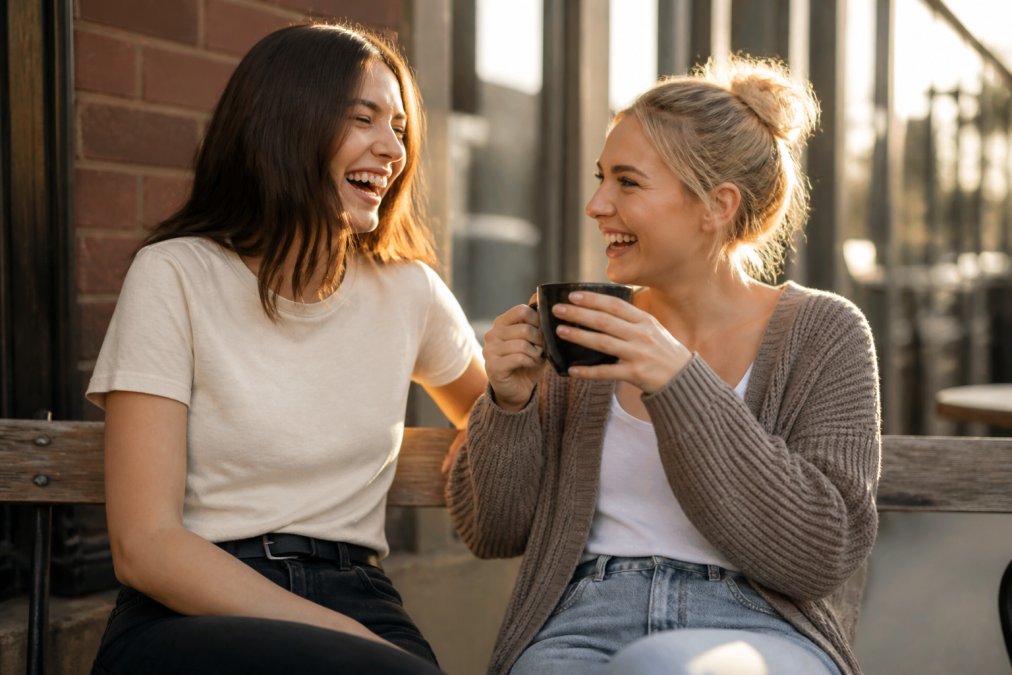Two best friends laughing outdoors while wearing graphic tees, perfect as meaningful gifts for your closest friends.