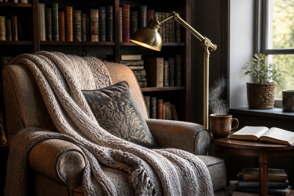 Cozy reading corner featuring a comfortable upholstered armchair draped with a soft knit throw blanket, a warm brass reading lamp beside the chair, wooden side table with a steaming mug and open book, and shelves lined with hardcover books in natural warm lighting from a nearby window