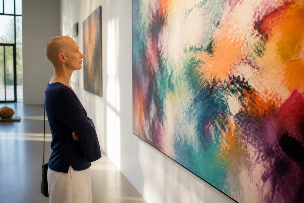 Person standing before vibrant abstract canvas on gallery wall, natural light illuminating their contemplative expression as they absorb the emotional energy of the piece