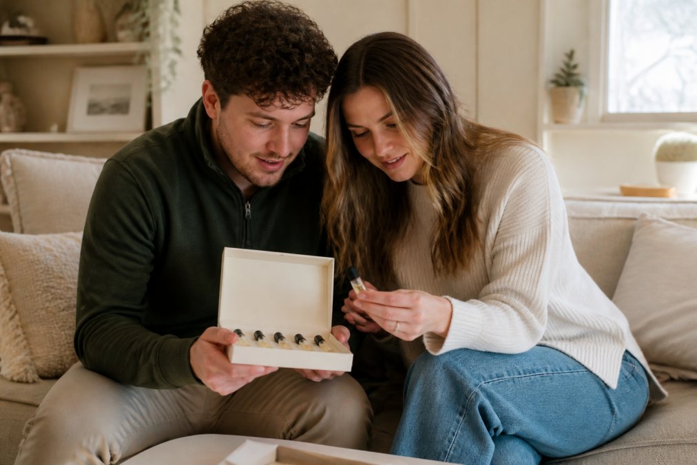 A couple holding Ruth+Bo fragrance discovery sets together, examining the vials in soft natural light, sharing a moment of intimate exploration as they discover new scents side by side