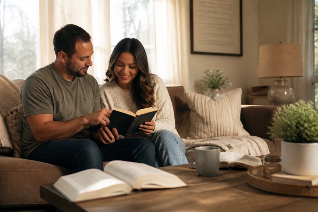 A couple sitting together reading a Christian devotional book in a cozy home setting, with Bibles open nearby and scripture wall art visible in the background, natural afternoon light streaming through windows