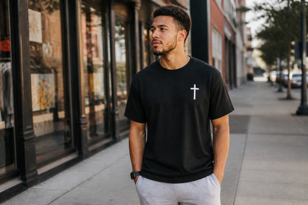 Young man wearing a bold faith-inspired graphic tee in a casual streetwear style, standing outdoors on a city sidewalk in natural afternoon light, relaxed and confident expression