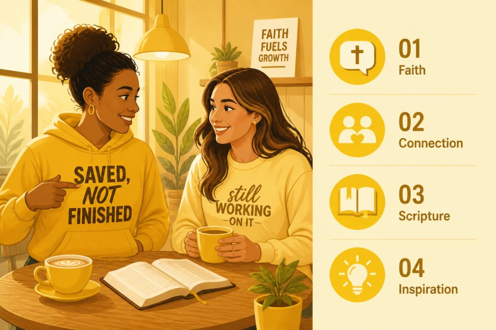 Two friends sitting together at a sunlit coffee shop table, one pointing to a bold message on a hoodie and both smiling mid-conversation, warm ambient lighting and natural wood surroundings