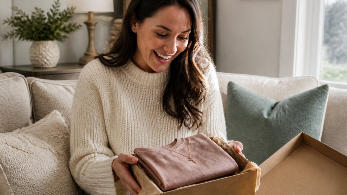 A woman smiling as she opens a wrapped gift box containing a soft folded tee and a small cross necklace, warm natural light in a cozy living room